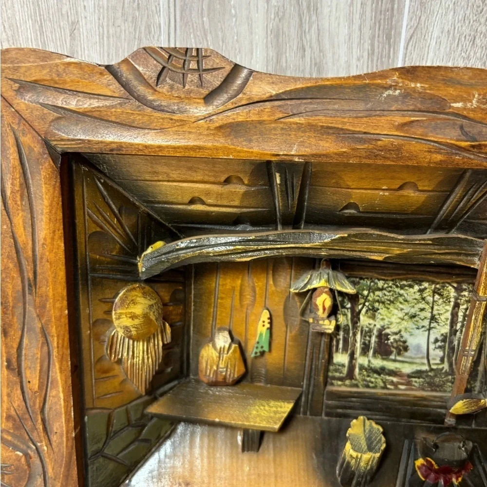Vintage 3D Hand Carved Wooden Shadow Box Diorama Rustic Fishing Cabin Interior